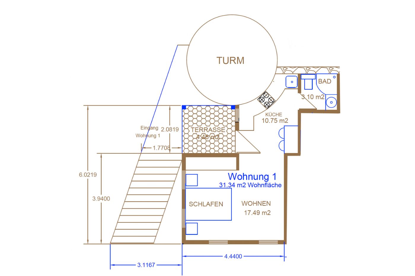 Grundriss der Blauen Wohnung – 31,34 m² Wohnfläche mit Terrasse, Küche, Bad, Wohn- und Schlafbereich