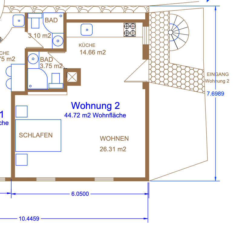 Grundriss der Roten Wohnung – 45 m² Wohnfläche